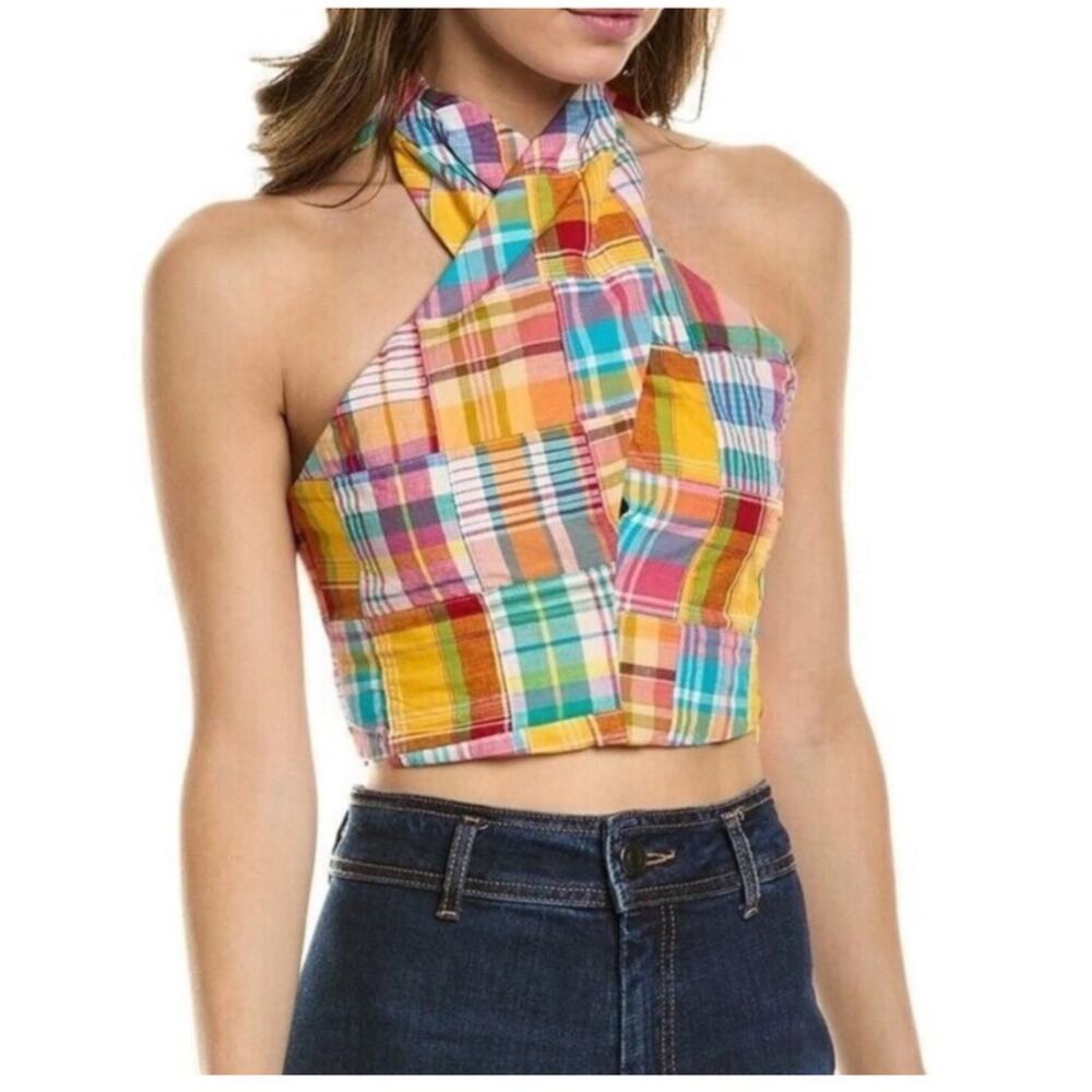 STAUD Multicolor Plaid Halter Crop Top